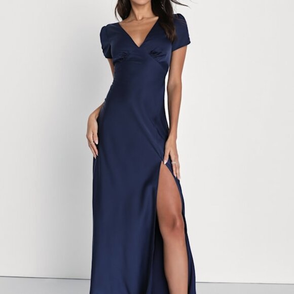 Lulus Epitome Of Romance Navy Blue Satin Puff Sleeve Maxi Dress - Size M - Picture 1 of 1